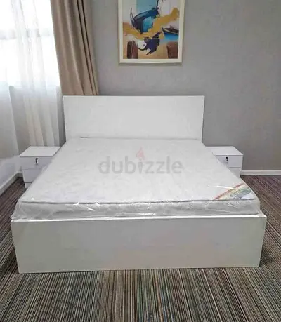 White Double Bed with Headboard and Two Side Tables - New