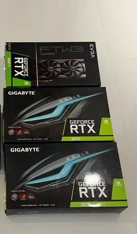 4 pc GPUs: 1 Gigabyte Aorus RTX 3070, 2 Gigabyte RTX 3070 Eagle 8GB, 1 EVGA RTX 3060 Ti FTW3 Ultra
