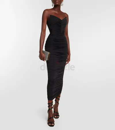 ALEX PERRY DANE STRAPLESS RUCHED MIDI DRESS BLACK SIZE UK/AU 8 | RETAIL PRICE 5,150 AED