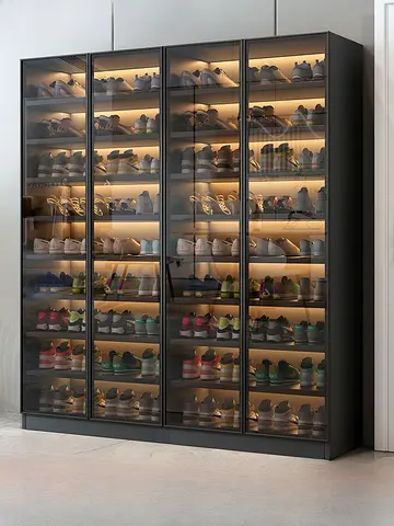 Large Glass-Door Shoe Cabinet with Interior Lighting - Modern Black Finish