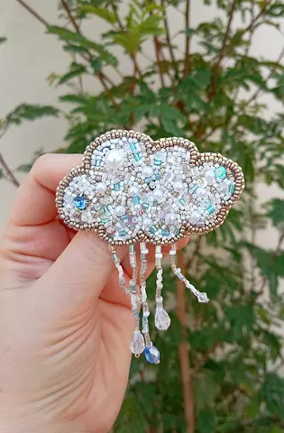 Handmade Beaded Cloud Brooch with Dangling Crystals