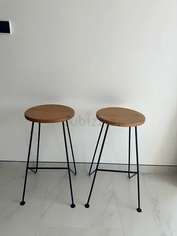 Set of 2 Industrial Style Wooden Round Bar Stools with Black Metal Legs