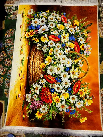 Colorful Floral Basket Decorative Rug with Fringe