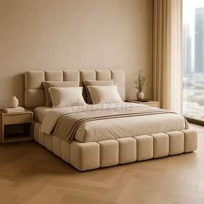 Beige Upholstered Platform Bed with Padded headboard