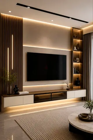 Tv unit with storage and panels and light