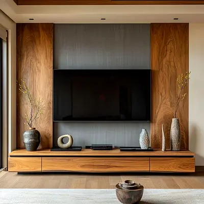 Wall-mounted TV unit with wooden media console and decorative panels