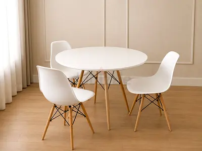 Modern White Dining Set with Round Table and Three Chairs