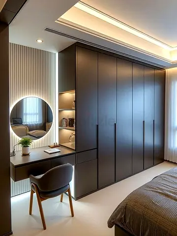 Modern built-in wardrobe with vanity desk - matte dark finish