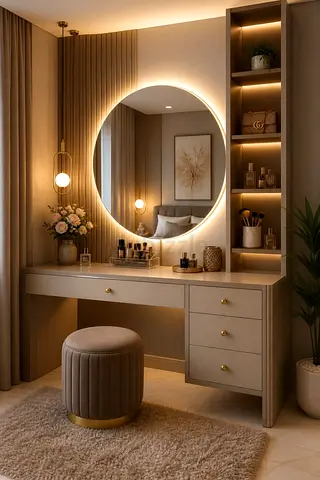 Beige Vanity Dressing Table with LED Round Mirror and Shelves