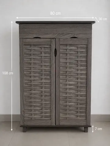 Compact wooden shoe cabinet with louvered doors - grey oak finish