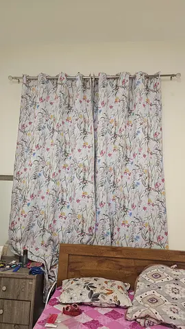 Light floral patterned fabric curtains - set of two panels with rod.