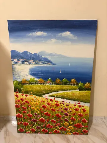 Hand-painted Landscape Canvas with Flower Field and Sea View 60cm x 90cm