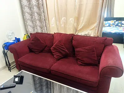Comfortable 3-seater Burgundy Fabric Sofa with Cushions