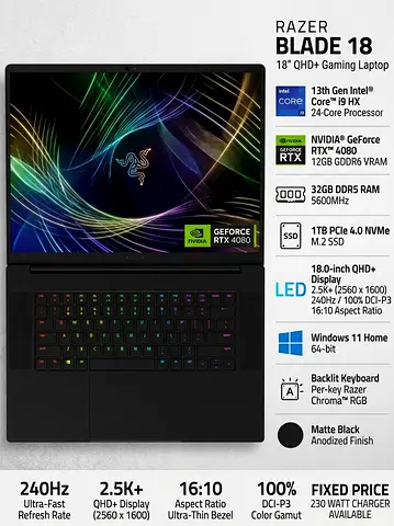 Razer Blade 18: NVIDIA GeForce RTX 4080-13th Gen Intel 24-Core i9 HX CPU - QHD+ 240Hz | 32GB RAM
