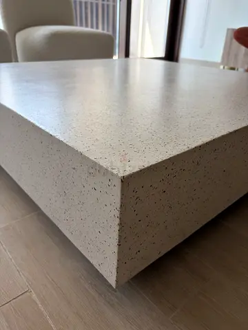 Minimalist low rectangular coffee table in beige terrazzo finish 120x120
