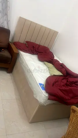 Single bed with upholstered headboard and mattress, 2 door cupboard - good condition