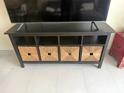 Ikea black Kallax TV console / stand with 4 woven storage baskets