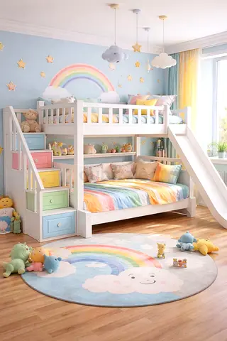 White wooden kids bunk bed with slide and colorful storage drawers - brand new