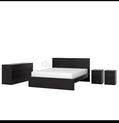 Modern brown wood double bed frame with dresser and two nightstands - 4 piece set