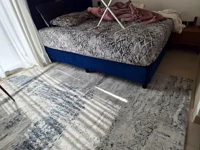 Large modern abstract bedroom rug - light grey/blue, good condition