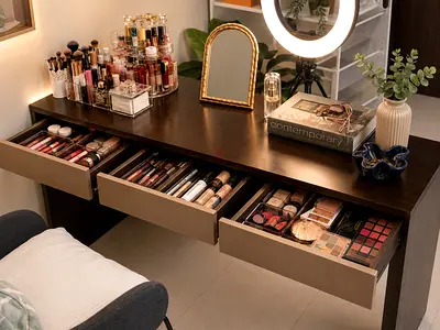 Wood Makeup Dressing Table with 3 Drawers with mirror