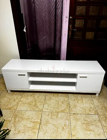 White TV Cabinet / Entertainment Unit - 2 Doors, Open Shelves