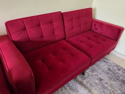 Two-seater and 3 seater velvet sofa in deep red, good condition