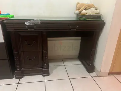 Solid Wood Dark Brown Office Desk with Drawers and Glass Top