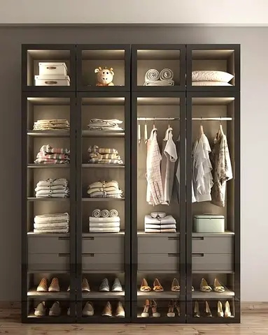 4-Door Glass Display Wardrobe with Shelves and Drawer Storage