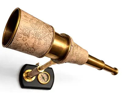 Rare antique leather/brass standing telescope with compass in good working condition for sale