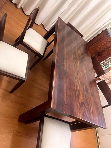 Solid Wood 6-Seater Dining Table with Cushioned Chairs - Dark Finish