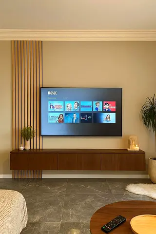 Custom Modern TV Console with Wood Finish, Floating Storage and Backlit TV Wall Panel