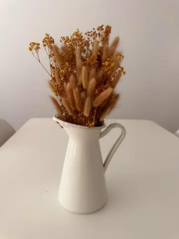 White metal Pitcher Vase — Decorative Jug with Dried Flowers