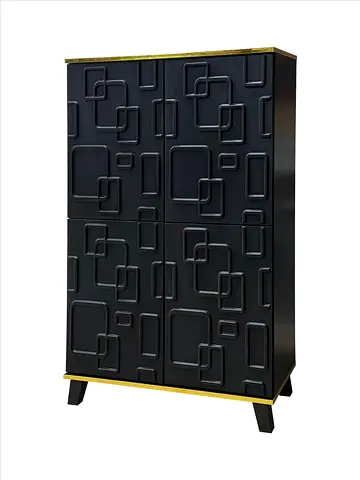 Tall Black Geometric Patterned Cabinet with Gold Trim