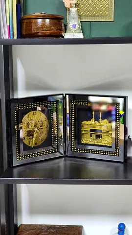 Glass display plaque set with gold Islamic Kaaba and Arabic calligraphy frames