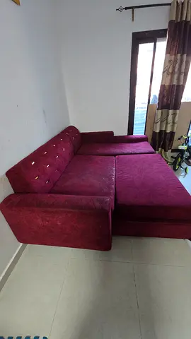 Maroon Fabric L-Shaped Sofa - Good Condition