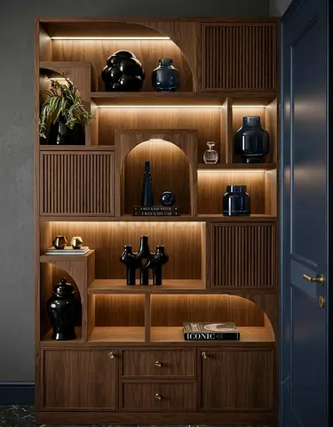 Solid Wood Display Cabinet with Integrated LED Shelves - Walnut Finish