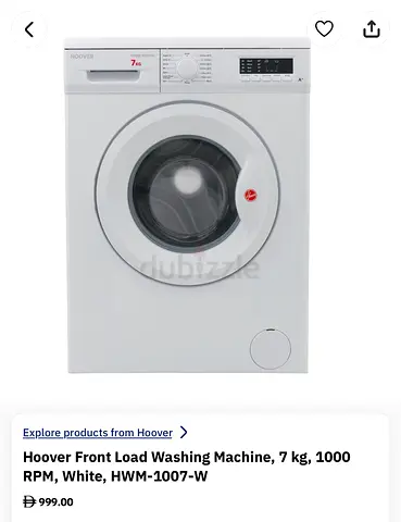 Hoover Front Load Washing Machine 7kg HWM-1007-W, Good Working Condition