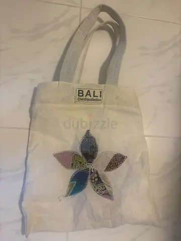 White Bali Canvas Tote Bag with Embroidered Flower
