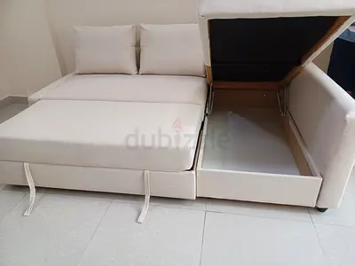 Cream Fabric L-Shape Sofa Bed with Storage