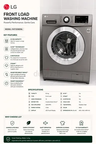 LG Front Load Washing Machine 8.5kg - Stainless Steel, Inverter Direct Drive