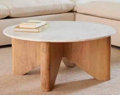 Round Marble Top Coffee Table with Wooden Base - West Elm Original, Great Conditions
