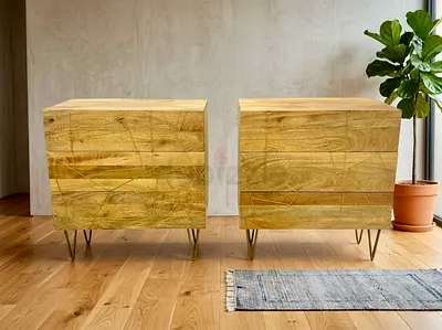 West Elm Pair of Solid Wood Drawers Cabinet with Brass Hairpin Legs