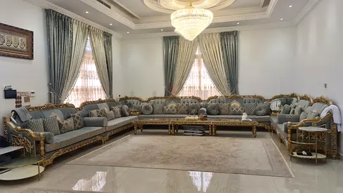 Large Ornate Arabic Majlis Sofa Set - light dreen & Gold, Excellent Condition , 20 person 19000 Dhs