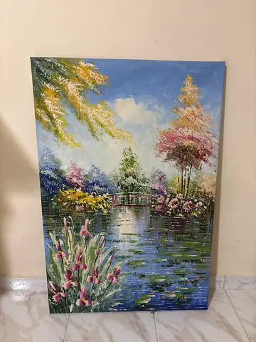 Framed Landscape Oil-Style Canvas Painting - Floral Lake Scene hand painted 60cm x 90cm