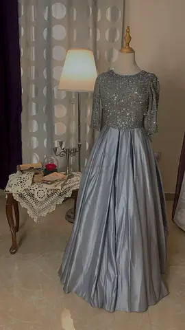 Elegant long-sleeve silver evening gown, size small party dress