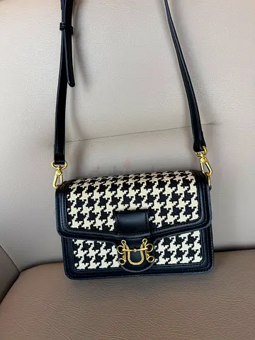 Black & White Houndstooth Crossbody Bag with Gold Hardware