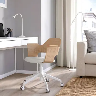 Modern wooden swivel office chair with fabric seat (good condition)