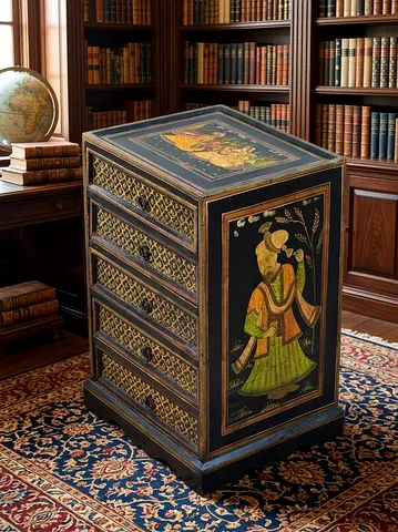 Hand-Painted Vintage Indian Wooden Side Cabinet with Drawers