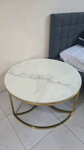 100cm diameter Round Marble-Top Coffee Table with Gold Metal Frame - Good Condition